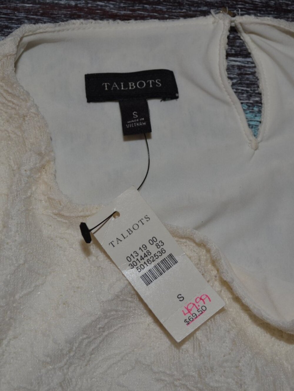 Talbot's New Off white long sleeve lace Overlay Floral Scallop Top, sz Small - Picture 6 of 7